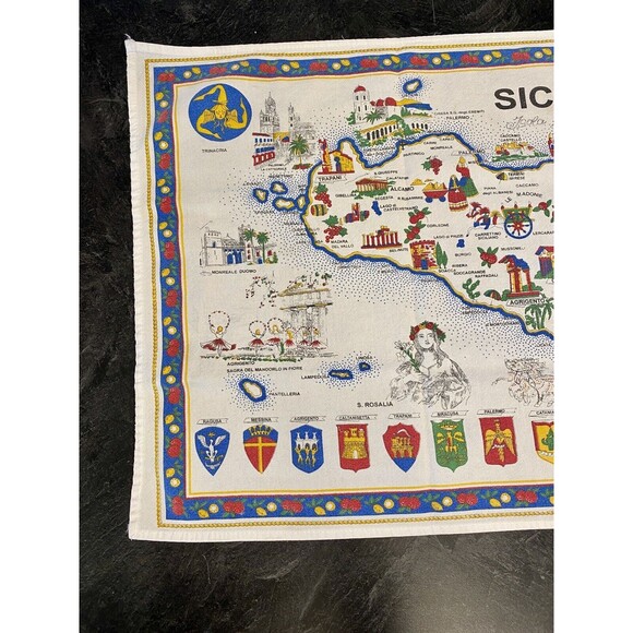 EUC Vintage SICILIA Cotton Tea Towel Dish Kitchen Map Italy Landmarks 32"x19" - Picture 2 of 7
